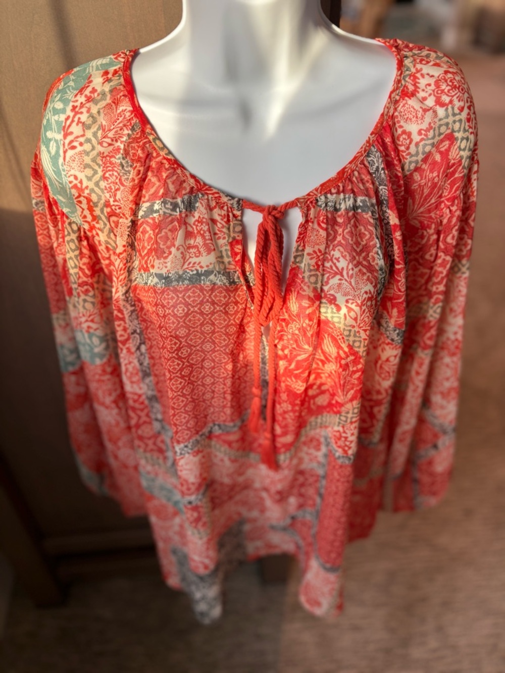 Olivaceous Coral and Cream Patterned Boho Blouse